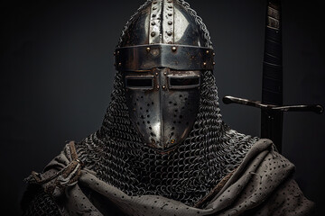 Fantastic beautiful royal knight in iron armor guards castle chambers, abstract vivid composition consists of fictional unreal fantastic vision on background