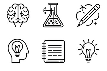 Obraz premium Creativity, Innovation, and Knowledge Vector Icons Set - Black Line Art for Education and Brainstorming