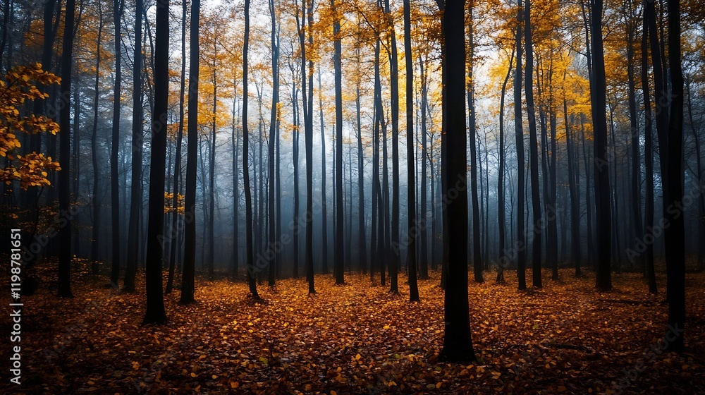 Poster misty autumn forest with vibrant yellow foliage and tall tree trunks in a dreamlike atmosphere : gen