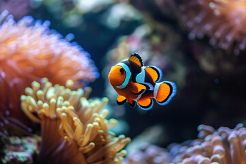 Fantastically beautiful bright clownfish swims in deep sea among color corals, abstract vivid composition consists of fictional unreal fantastic vision on background