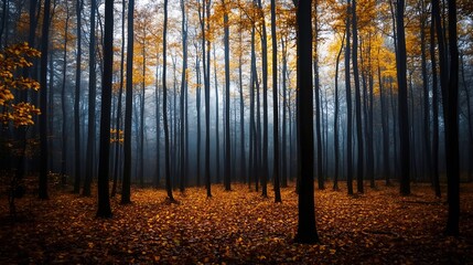 Misty Autumn Forest with Vibrant Yellow Foliage and Tall Tree Trunks in a Dreamlike Atmosphere : Generative AI