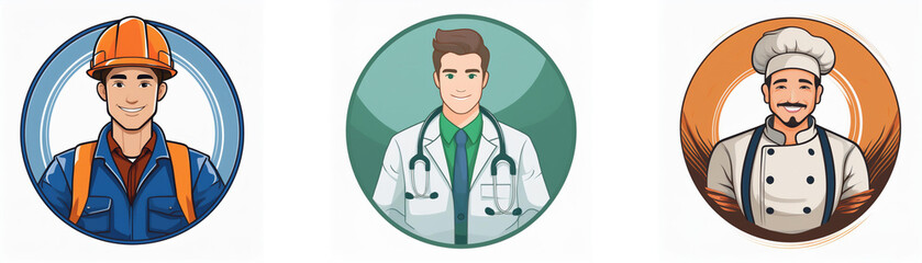Fototapeta premium Three circular profile icons depict a construction worker, doctor, and chef. Each professional is illustrated in a cartoon style.