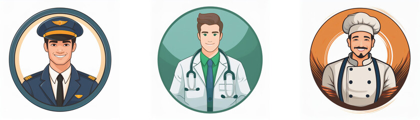 Fototapeta premium Three circular icons depict diverse professions: a pilot in uniform, a doctor with a stethoscope, and a chef in a white toque.