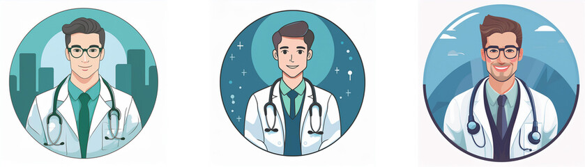 Fototapeta premium Three circular illustrations depict male doctors in lab coats, stethoscopes, and glasses, against different backgrounds: cityscape, night sky, and mountains.