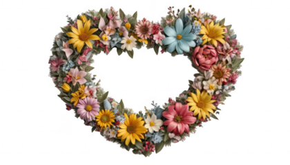 A heart-shaped wreath made of gifts, flowers, and helpful tools, representing acts of kindness, on a white transparent background PNG