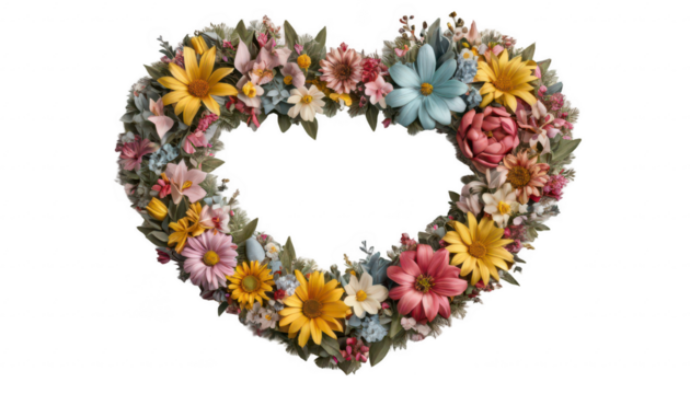 A heart-shaped wreath made of gifts, flowers, and helpful tools, representing acts of kindness, on a white transparent background PNG