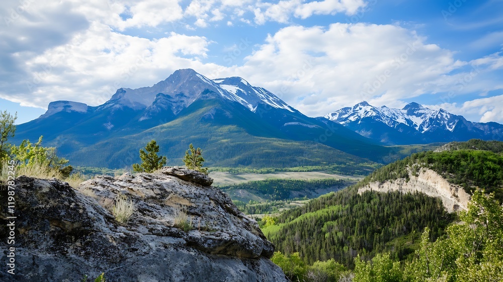Poster majestic mountain range with snowcapped peaks and forested valleys in the sunlight : generative ai