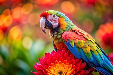 Fototapeta premium Vibrant Parrot Close-Up on Blooming Flower – Exotic Bird & Floral Photography