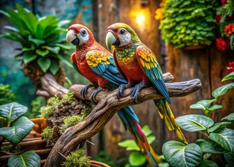 Obraz premium Vibrant Parrot Figurines on Lush Green Branch - Urban Exploration Photography