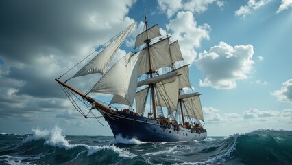 A majestic three-masted sailing ship glides through azure waters, its blue hull gleaming under sunlight as white sails billow gracefully with the ocean breeze