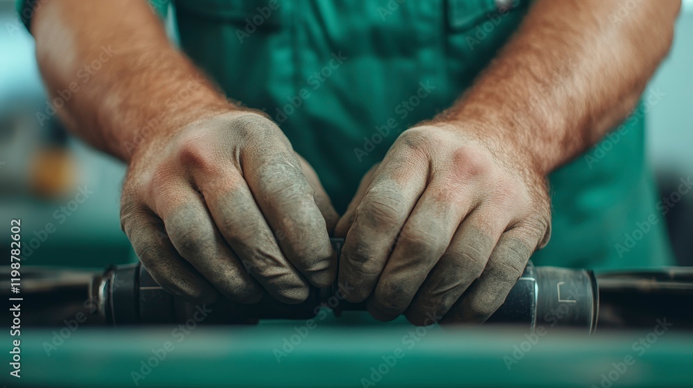 Poster close-up of hands working with mechanical equipment in workshop setting