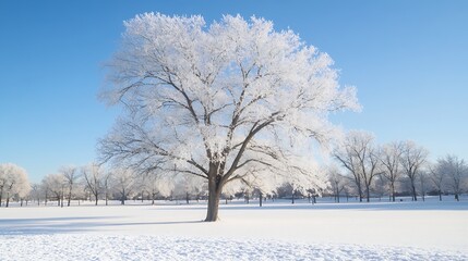 Stunning Frost-Covered Tree Standing Isolated in Winter Wonderland Landscape Scene with Blue Skies : Generative AI