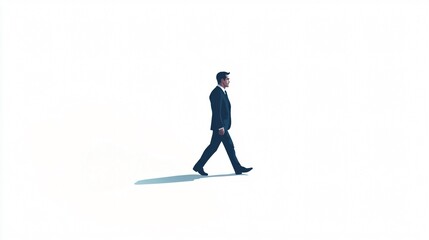 Obraz premium Businessman Walking in Suit on White Background: A Minimalist Depiction of Purpose and Progress in Corporate World