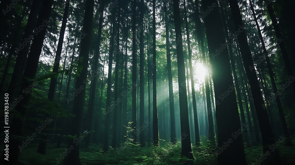 Poster mystical forest illuminated by sunlight piercing through dense green tree canopy in enchanting wilde