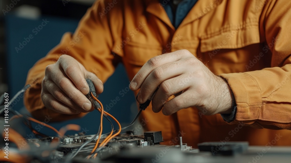 Poster technician working with electrical wires in a workshop setting with tools