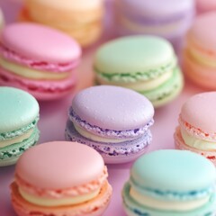 Obraz premium A delightful display of pastel-colored macarons with smooth textures and rich fillings. Perfect for dessert tables, celebrations, or gourmet events.