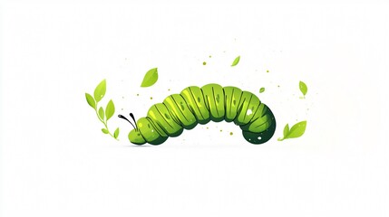 Green caterpillar crawls among leaves. Whimsical nature illustration, ideal for children's books, educational materials, or any project celebrating the beauty of insect life.