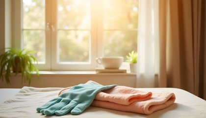Tranquil cleaning gloves on a folded towel by a window with soft natural light creating an inviting atmosphere
