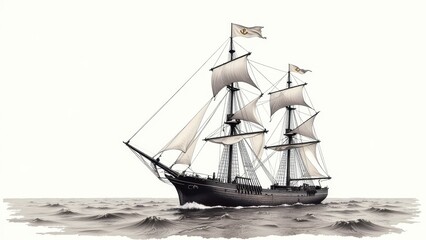 Obraz premium A majestic three-masted sailing ship glides across a vast ocean, its pristine white sails billowing against a stark black and white seascape, capturing the essence of adventure on the high seas