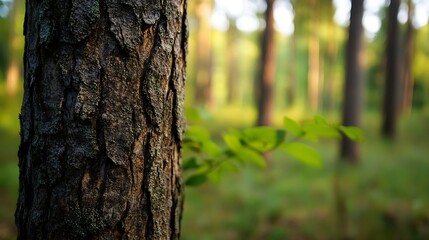 Obraz premium Close-Up of Tree Bark Texture with Vibrant Forest Background : Generative AI