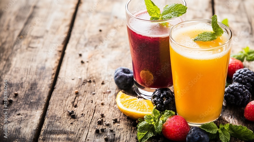 Poster refreshing red and orange fruit juices with mint and mixed berries on rustic table : generative ai