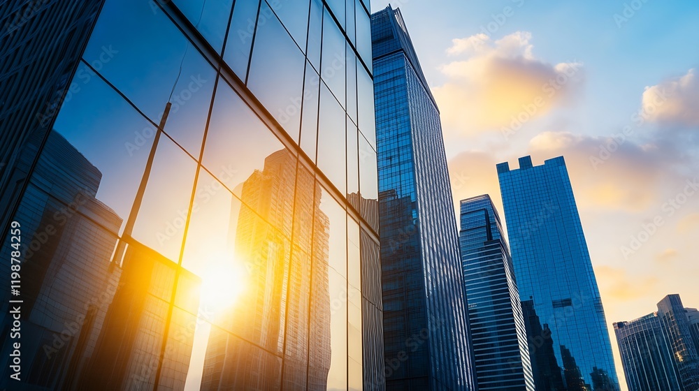 Poster sunlit modern skyscrapers in urban landscape with reflections of clouds and subtle sunset glow : gen