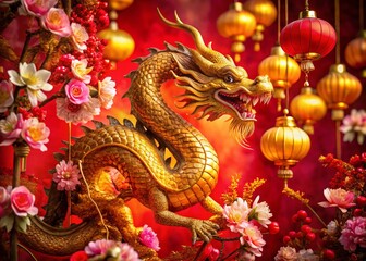 Obraz premium Vibrant Red Chinese New Year Dragon, Lanterns, Flowers - Prosperity & Celebration Stock Photo