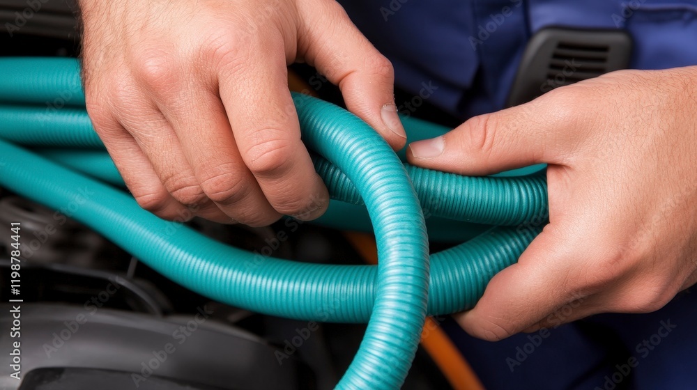 Poster hands handling flexible hose for maintenance in mechanical engineering environment