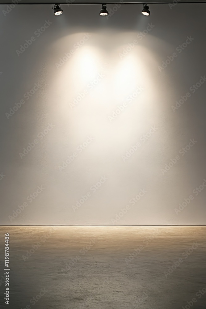 Sticker A bright spotlight focused on a clean, isolated white wall in an art gallery. This minimalist space creates a stunning backdrop for artistic presentations and exhibitions.