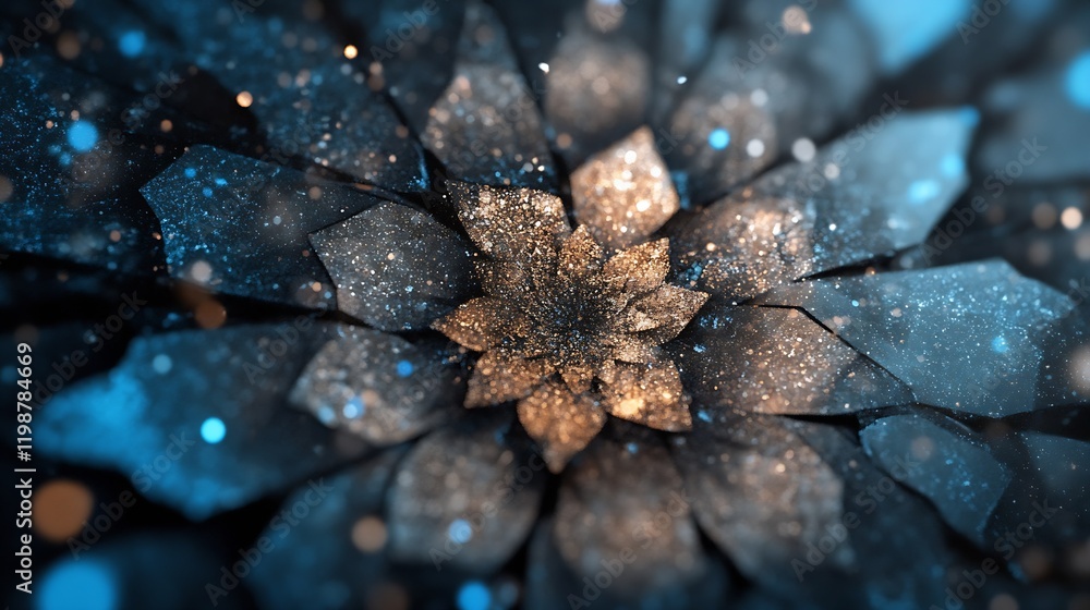 Poster Abstract Blue and Gold Fractal Design with Textured Floral Petals and Sparkling Details : Generative AI