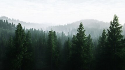 Fototapeta premium Foggy Evergreen Pine Forest Under Soft Morning Sky : Generative AI