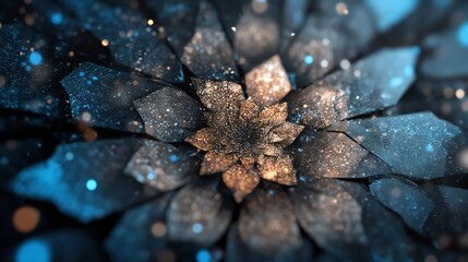 Abstract Blue and Gold Fractal Design with Textured Floral Petals and Sparkling Details : Generative AI