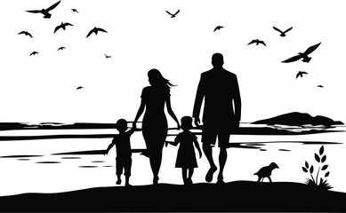 Black silhouette of a Family Beach Pose