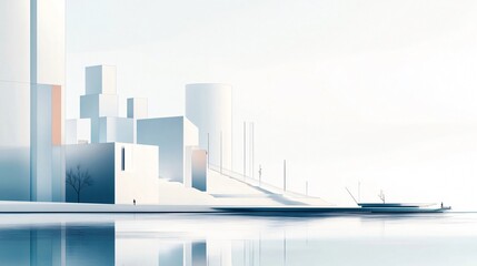 Naklejka premium Abstract white buildings reflected in still water. Minimalist cityscape with geometric shapes and a solitary figure.