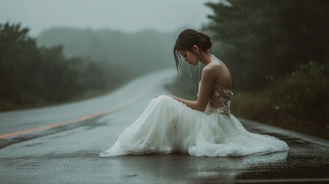 Sad beautiful Young bride sitting on street in wedding day,crying with tears eyes suffering from emotional break up relationship in rainy day,bad day with Female received bad news.