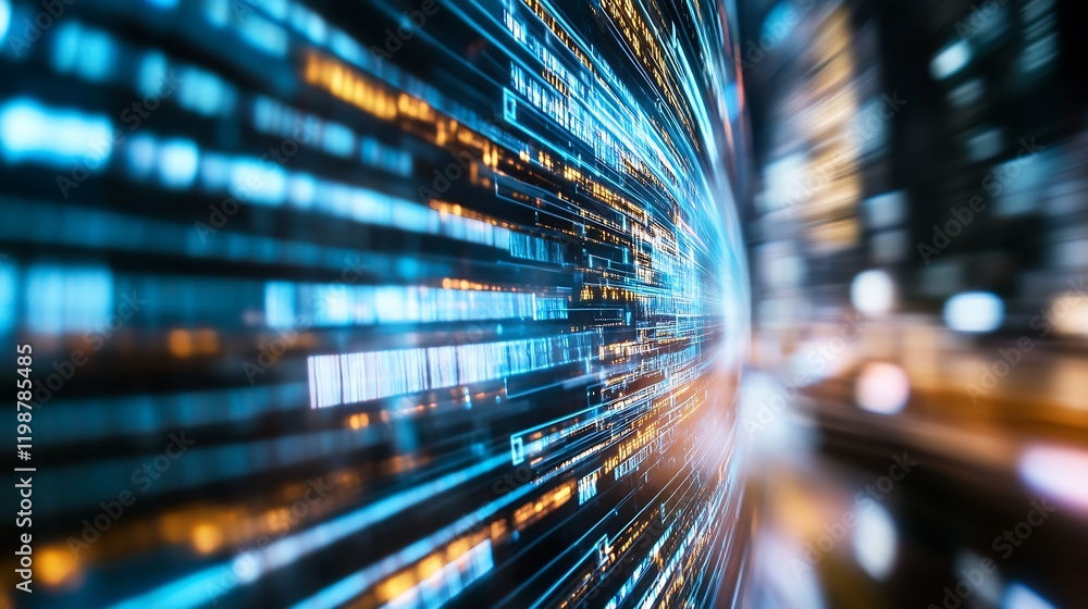 Aufkleber Dynamic Digital Data Stream in Motion with Bright Light Effects and Speed Lines : Generative AI