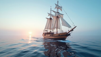 A majestic three-masted wooden sailing ship glides across the ocean, its white sails billowing gracefully with the breeze against the backdrop of deep azure waters.  