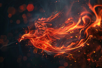 Fantastically beautiful mythological bird phoenix from bright hot fire, abstract vivid composition consists of fictional unreal fantastic vision on background