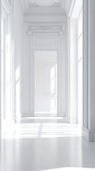 Fototapeta premium A spacious white gallery interior featuring elegant architectural details. Ideal for showcasing art, this minimalist setting invites creativity and inspiration.