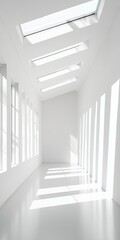 Obraz premium A bright, modern gallery featuring skylights that enhance the clean white interior. This serene space is characterized by sleek lines, soft shadows, and minimalist design.