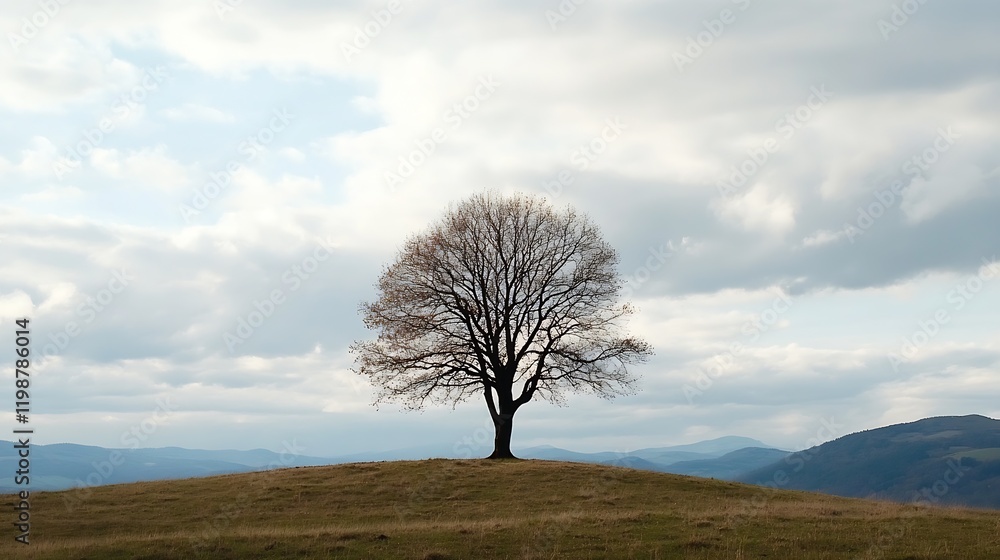 Poster Lone Bare Tree on Rolling Hill Under Expansive Cloudy Sky in Rural Setting : Generative AI
