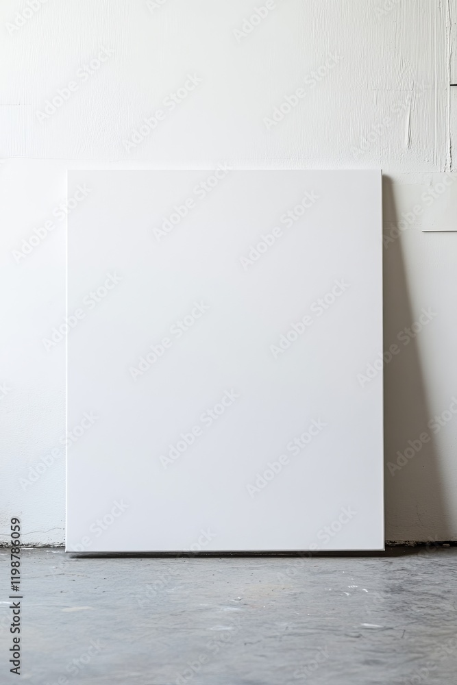 Poster a blank white canvas resting against a textured wall, perfect for art and design concepts in a minim