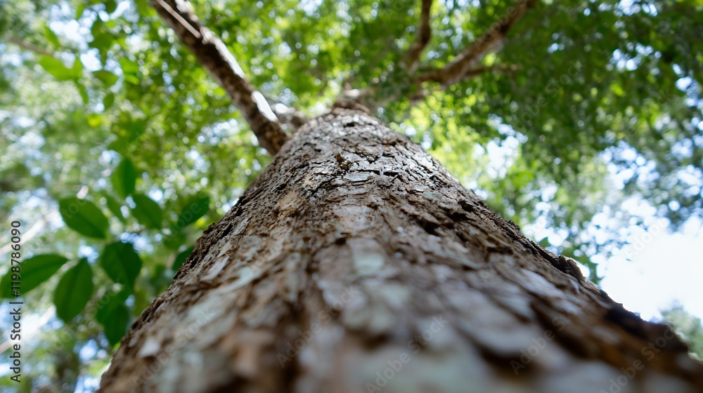 Poster Looking Upward at a Tall Tree Trunk Amidst Green Canopy in Lush Forest Setting : Generative AI