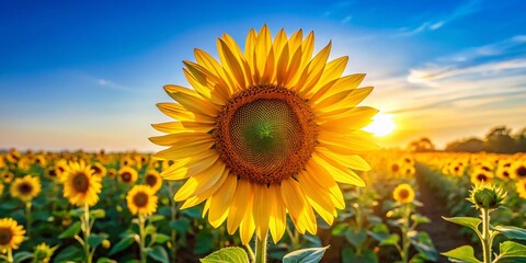 Obraz premium Vibrant Sunflower Close-Up: Sunny Field, Blue Sky - Stock Photo