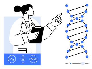 Doctor holding clipboard, pointing at DNA helix, communicating through online platform. Ideal for telemedicine, genetics, healthcare education, medical research, online consultations, biotechnology
