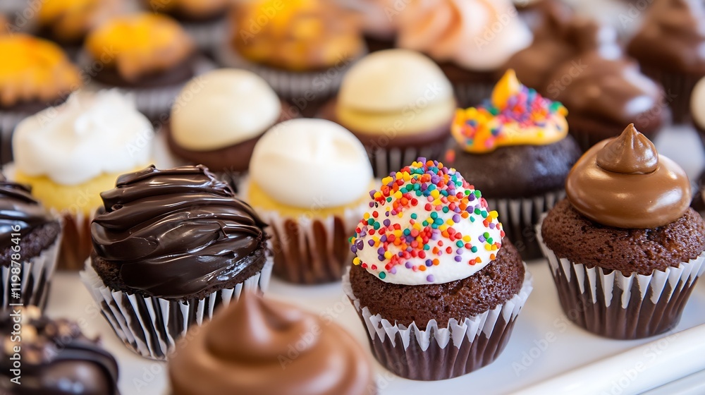 Poster selection of colorful frosted cupcakes with various toppings and decorations : generative ai