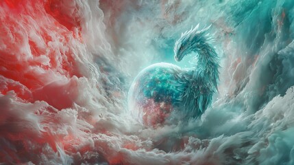 Obraz premium Mystical Ice Dragon Soaring Above a Nebula and Planet Fantasy Art