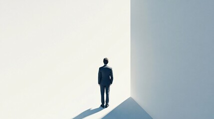 Businessman Contemplating in White Room Corner - Minimalist Art Depicting Isolation, Contemplation, New Beginnings, and Decision-Making