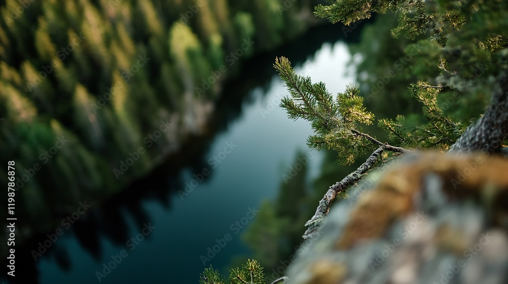 Poster aerial view of serene forest river with lush greenery and tranquil water : generative ai