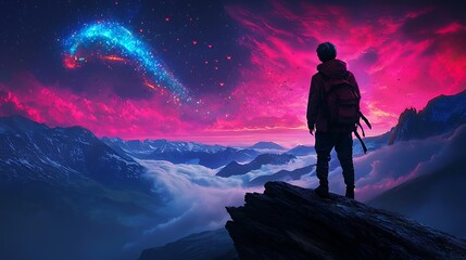 Romantic Evening Sky with Fireflies Glowing Above a Scenic Mountain Landscape, Capturing the Magic of Nature and Enchantment Under Cosmic Wonders